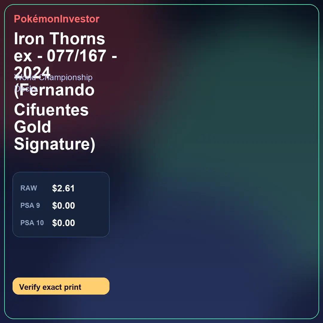 Card research image for Iron Thorns ex - 077/167 - 2024 (Fernando Cifuentes Gold Signature)
